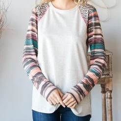 Solid Cream Serape And Leopard Long Sleeved Shirt