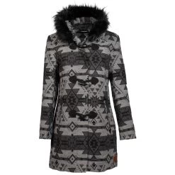 Hooey Ladies Long Coat With Faux Fur Hood-Charcoal Aztec