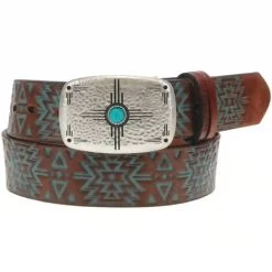 Hooey Ladies Leather Belt-Brown/Turq Embossed
