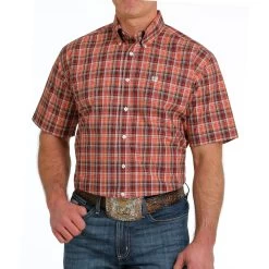 Cinch Men's Dark Orange Plaid Short Sleeve Button Down Shirt