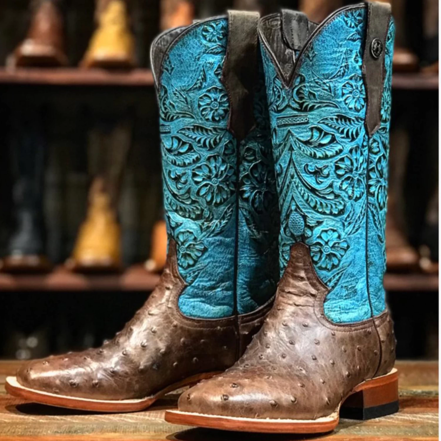 Tanner Mark Ladies Brown Ostrich With Turquoise Tooling Square Toe Boots 3 Tanner Mark Ladies Brown Ostrich With Turquoise Tooling Square Toe Boots