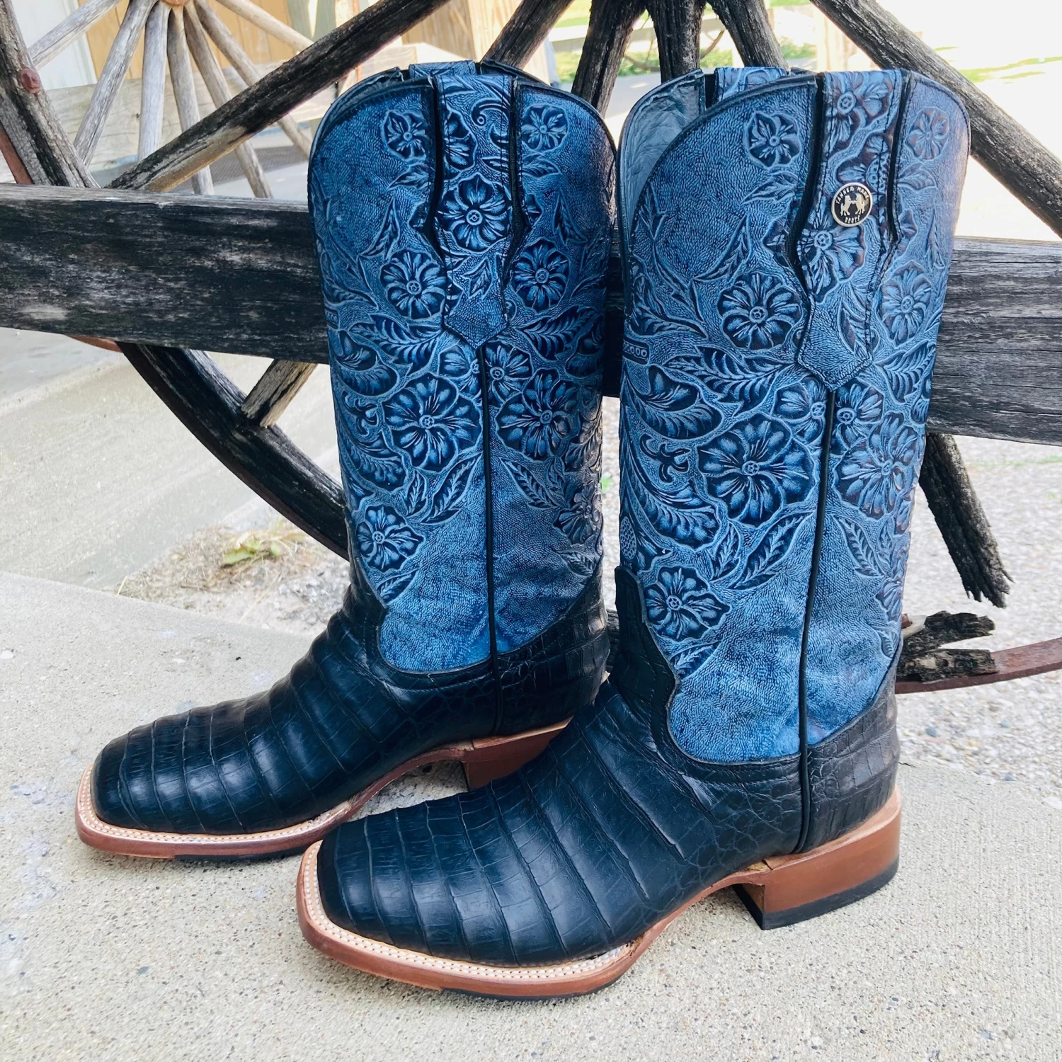 Tanner Mark Women's Black Caiman & Blue Square Toe Boots 3 Tanner Mark Women's Black Caiman & Blue Square Toe Boots