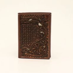 Nocona Chocolate Tooled Ivory Underlay Tri Fold Wallet