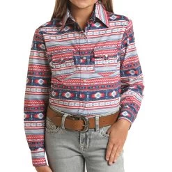 Girl's Red, White, & Blue Aztec Long Sleeve Shirt